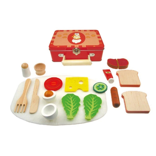 Houten ontbijtset in koffer 