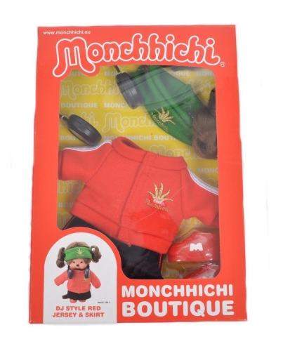 Monchichi kledingset rode jas met groene hoofdband