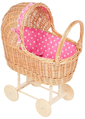 Playwood Poppenwagen Rieten Kap Roze met Witte Stippen